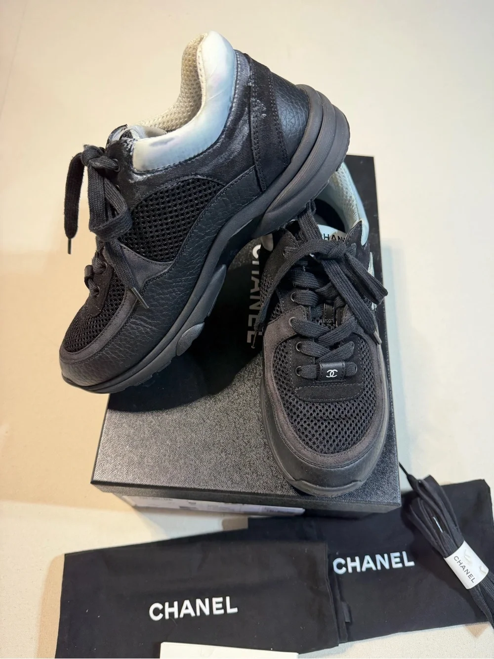 CHANEL Black Mesh & Leather Low-Top Sneakers